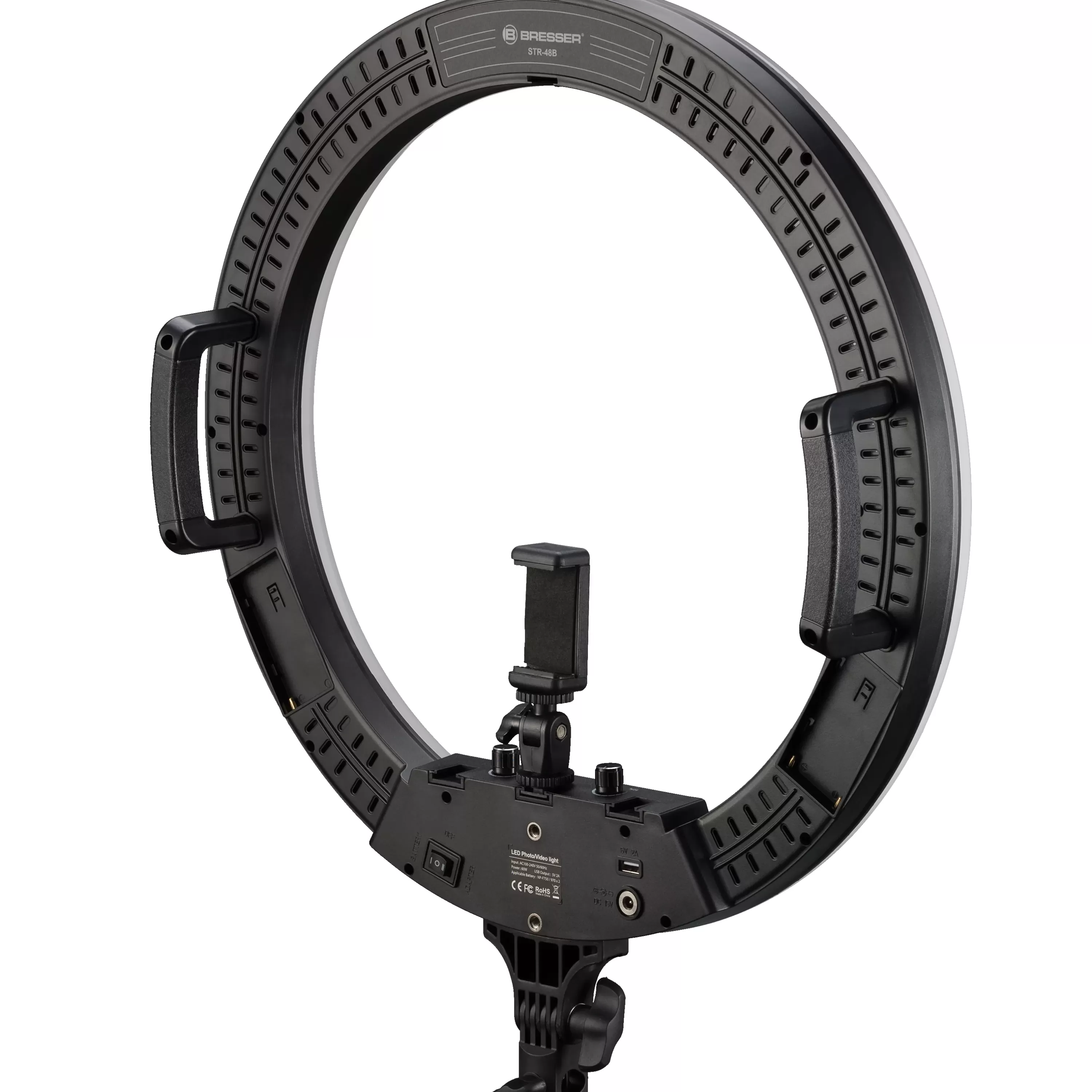 New Bresser STR-48B Bi-Color LED Ringleuchte 48W dimmbar mit Kamera- und Smartphonehalter