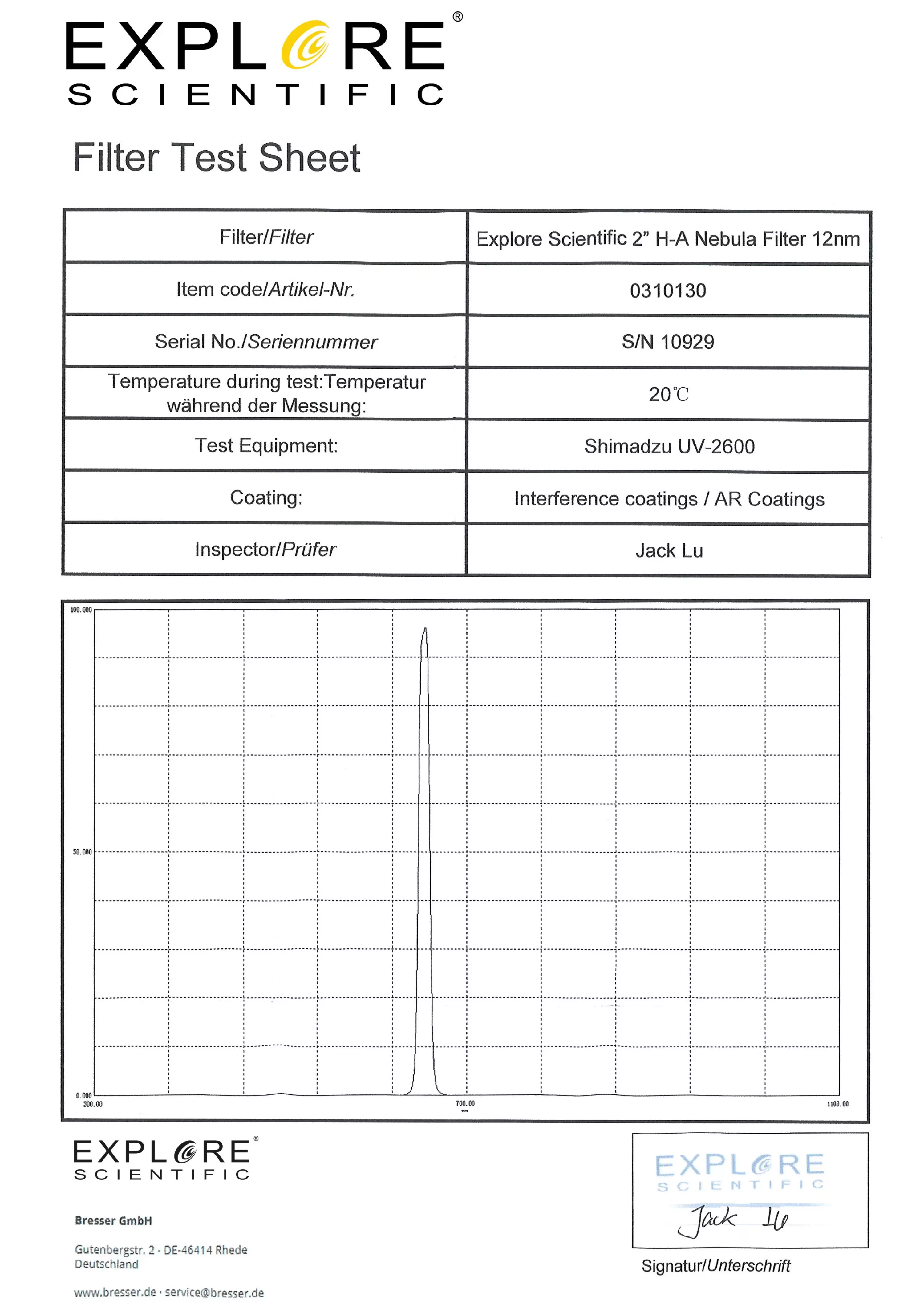 Outlet Bresser EXPLORE SCIENTIFIC 2" H-Alpha Nebelfilter 12nm