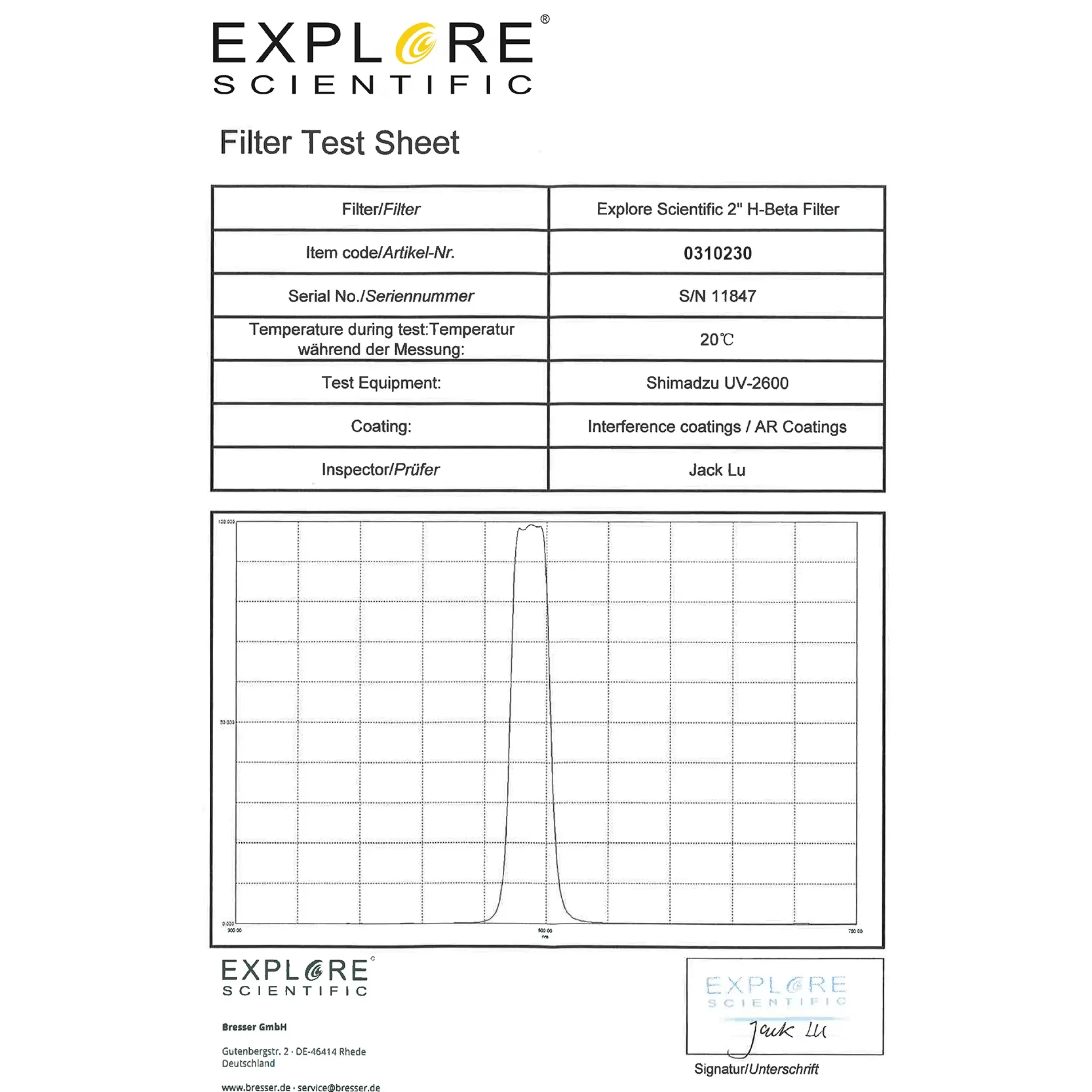 New Bresser EXPLORE SCIENTIFIC 2" H-Beta Nebelfilter